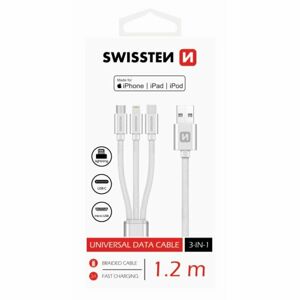 Dátový kábel Swissten textilný 3 v 1 a s podporou rýchlonabíjania, strieborný 72501102