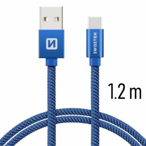 Dátový kábel Swissten textilný s USB-C konektorom a podporou rýchlonabíjania, Blue 71521208