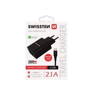 Nabíjačka Swissten Smart IC 2.1A s 2 USB konektormi a dátovým káblom USB/Micro USB, 1,2m, čierna 22052000