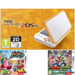 Nintendo 2DS XL, white and orange + Kirby Battle Royale + Mario & Luigi: Superstar Saga + Bowser’s Minions NI3H97220
