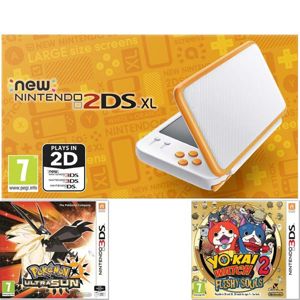 Nintendo 2DS XL, white and orange + Pokémon Ultra Sun + Yo-Kai Watch 2: Fleshy Souls NI3H97224