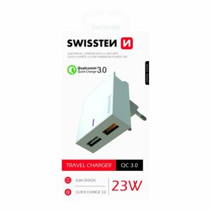 Rýchlonabíjačka Swissten Qualcomm Charger 3.0 s 2 USB konektormi, 23W, biela 22049600