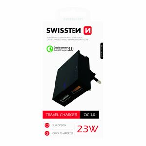 Rýchlonabíjačka Swissten Qualcomm Charger 3.0 s 2 USB konektormi, 23W, čierna 22049500