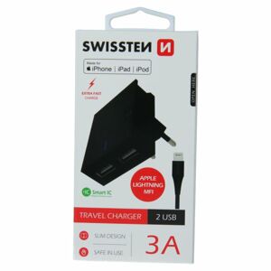 Rýchlonabíjačka Swissten Smart IC 3.A s 2 USB konektormi + dátový kábel USB / Lightning MFi 1,2 m, čierna 22046000