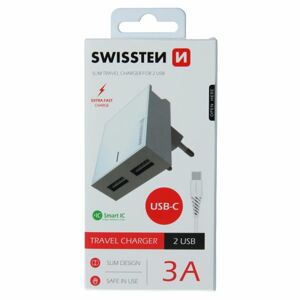 Rýchlonabíjačka Swissten Smart IC 3.A s 2 USB konektormi + dátový kábel USB / USB-C 1,2 m, biela 22043000