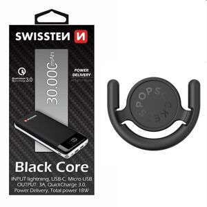 Swissten Black Core Slim Powerbank 30.000 mAh + PopSockets držiak na stenu PopMount 1 Multi-Surface, čierny