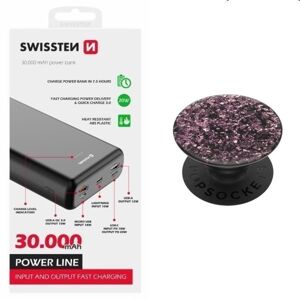 Swissten Power Line Powerbank 30 000 mAh 20W, PD, black + PopSocket Foil Confetti Lilac PG