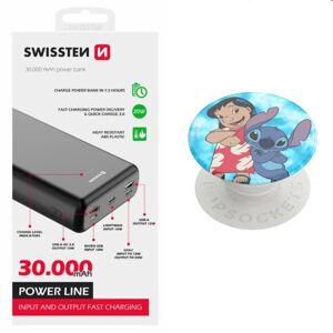 Swissten Power Line Powerbank 30 000 mAh 20W, PD, black + Popsockets Lilo & Stitch Ohana