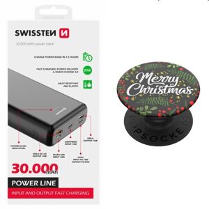 Swissten Power Line Powerbank 30 000 mAh 20W, PD, black + Popsockets Merry Christmas