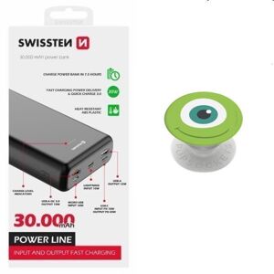 Swissten Power Line Powerbank 30 000 mAh 20W, PD, black + Popsockets Mike Wazowski