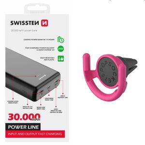 Swissten Power Line Powerbank 30 000 mAh 20W, PD, black + Popsockets PopMount Car Vent Hibiscus Sport