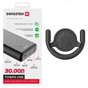 Swissten Power Line Powerbank 30 000 mAh 20W, PD, black + Popsockets PopMount Multi-Surface 1 Black