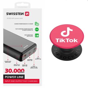Swissten Power Line Powerbank 30 000 mAh 20W, PD, black + Popsockets TIKTOK, pink